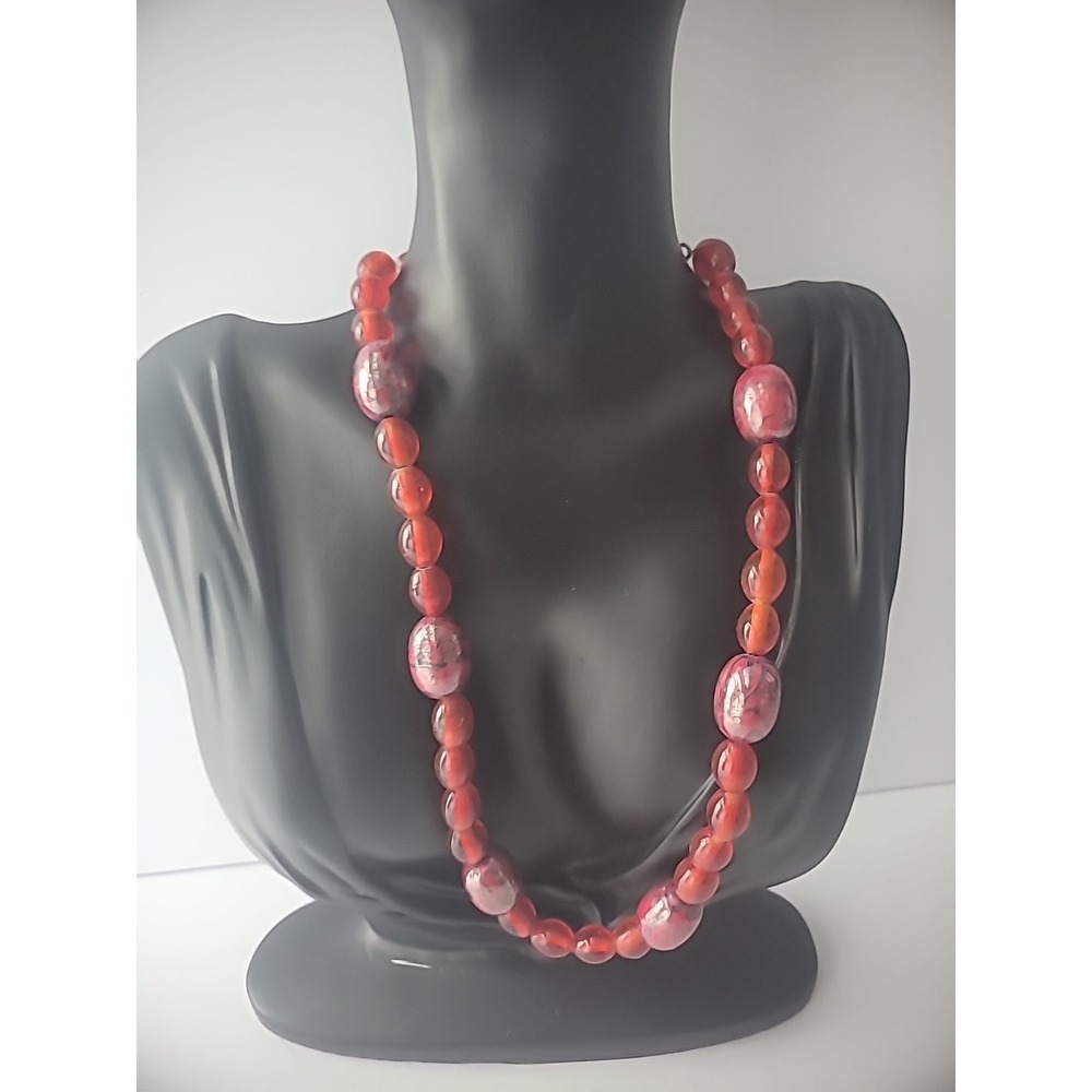 Vintage Silver Tone Red Glass Heart Pendant Beaded Choker Toggle Necklace 18 In